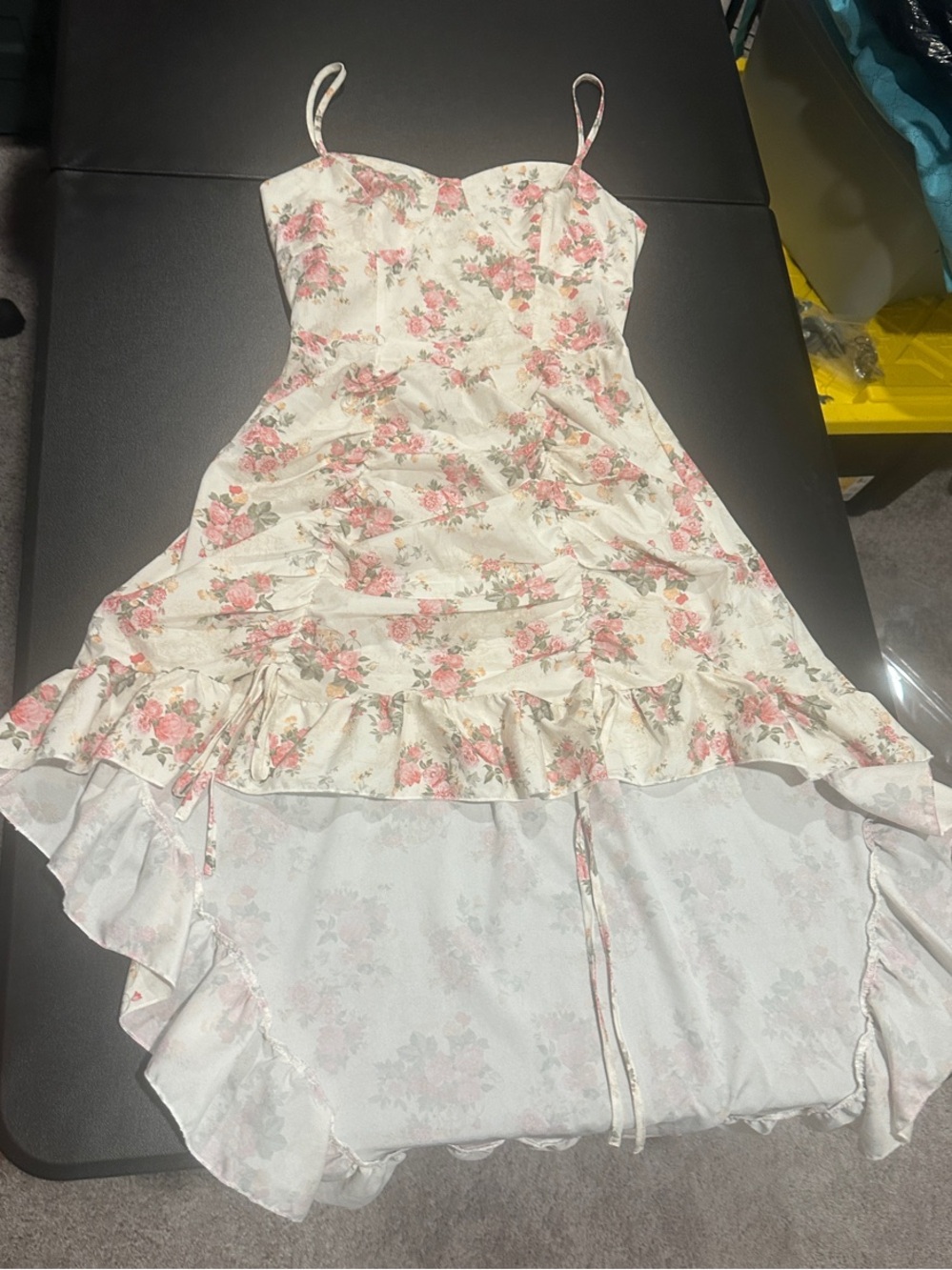 SHEIN Cream Floral High-Low Dress with Pink Roses